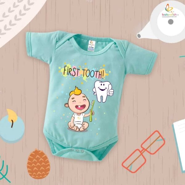 My First Tooth Romper with Baby Toothbrush Print – 1st Tooth Milestone Bodysuit for Newborn & Infant | Baby Romper Clothes – Babywish - Image 2