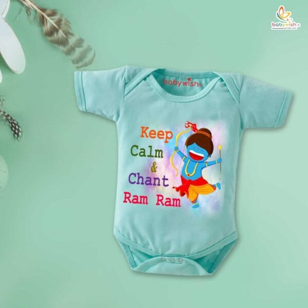 Baby First Ramnavmi Romper Onesies Clothes Baby Navratri festival Bodysuits Newborn Outfit Envelop Neck Half Sleeve Unisex Onesies" Keep Calm & Chant Ram Ram " - Image 3