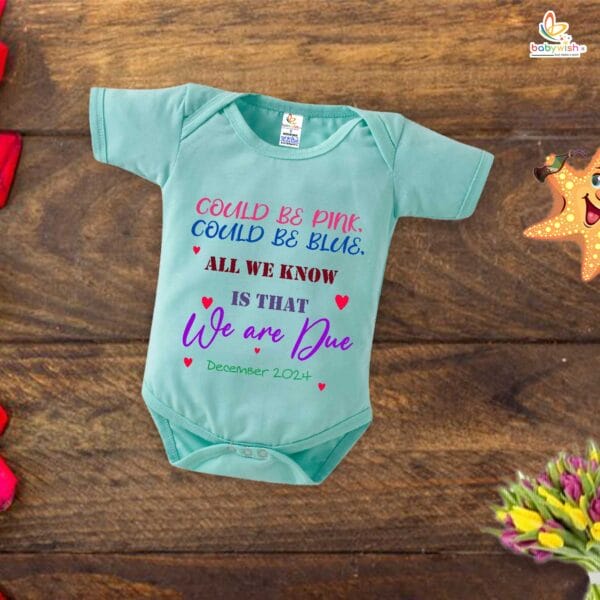 Pregnancy Announcement Baby Romper – Could Be Pink Could Be Blue All We Know Is That We’re Due Bodysuit – Gender Reveal Outfit for Baby Girl or Boy – Babywish - Image 2