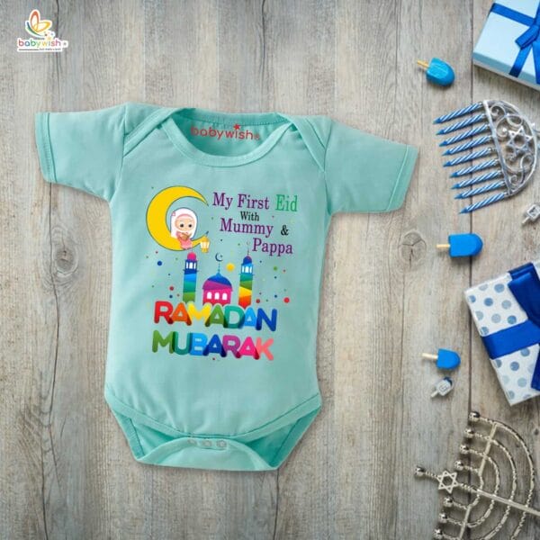 Baby First Eid Romper Clothes Baby Ramadan festival Bodysuits Newborn Outfit Envelop Neck Half Sleeve Unisex Onesies "My First Eid with Mummy & Papa" - Image 2