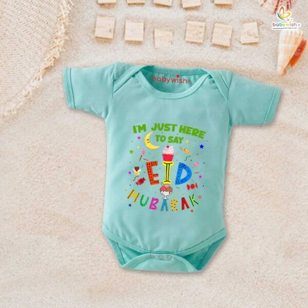 Baby First Eid Romper Clothes Baby Ramadan festival Bodysuits Newborn Outfit Envelop Neck Half Sleeve Unisex Onesies "Just to Say Eid Mubarak" - Image 3