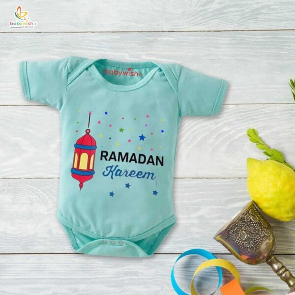 Baby First Eid Romper Clothes Baby Ramadan festival Bodysuits Newborn Outfit Envelop Neck Half Sleeve Unisex Onesies " Ramadan Kareem " - Image 2