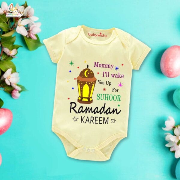 Baby First Eid Romper Clothes Baby Ramadan festival Bodysuits Newborn Outfit Envelop Neck Half Sleeve Unisex Onesies " Mommy I'll Wake You up for Suhoor " - Image 4