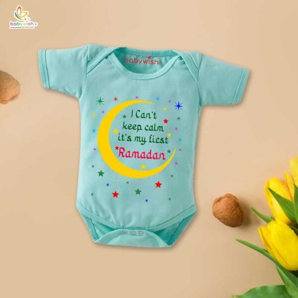 Baby First Eid Romper Clothes Baby Ramadan festival Bodysuits Newborn Outfit Envelop Neck Half Sleeve Unisex Onesies " I Can't Keep Calm It's Ramdan " - Image 2