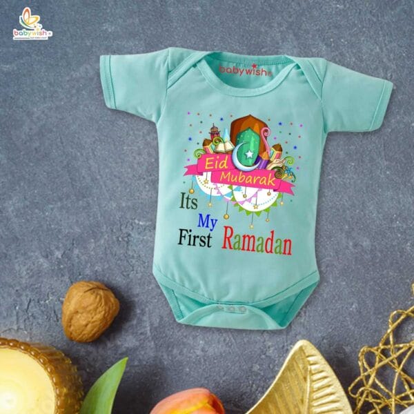 Baby First Eid Romper Clothes Baby Ramadan festival Bodysuits Newborn Outfit Envelop Neck Half Sleeve Unisex Onesies " It's My First Ramadan " - Image 2