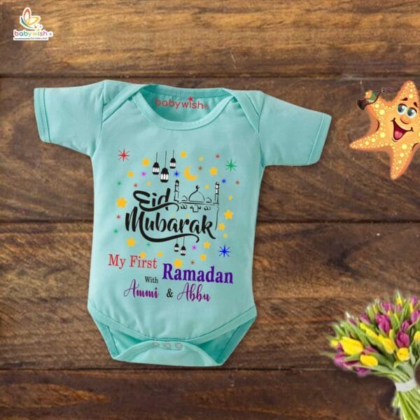 Baby First Eid Romper Clothes Baby Ramadan festival Bodysuits Newborn Outfit Envelop Neck Half Sleeve Unisex Onesies " Ramadan with Ammi Abbu " - Image 2