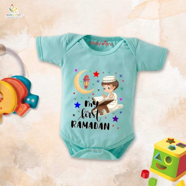 Baby First Eid Romper Clothes Baby Ramadan festival Bodysuits Newborn Outfit Envelop Neck Half Sleeve Unisex Onesies " My First Ramadan Coloring Romper " - Image 2