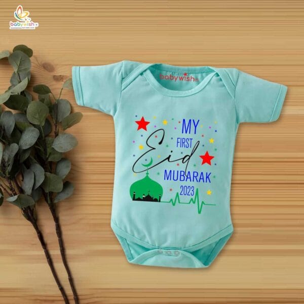 Baby First Eid Romper Clothes Baby Ramadan festival Bodysuits Newborn Outfit Envelop Neck Half Sleeve Unisex Onesies " My First Eid Mubarak 2023 " - Image 2
