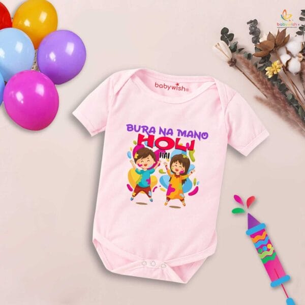 Baby First Holi Romper Clothes Baby holi festival Bodysuits Newborn Outfit Envelop Neck Half Sleeve Unisex Onesies "Bura Na Mano It's Festival" - Image 3