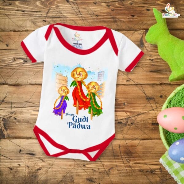 Baby First Gudi Padwa Romper Clothes Baby gudi padwa festival Bodysuits Newborn Outfit Envelop Neck Half Sleeve Unisex Onesies "Celebrating Gudi Padwa" - Image 2