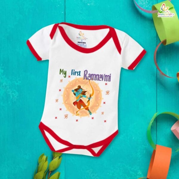 Baby First Ramnavmi Romper Onesies Clothes Baby Navratri festival Bodysuits Newborn Outfit Envelop Neck Half Sleeve Unisex Onesies" My First Ram Navmi " - Image 5