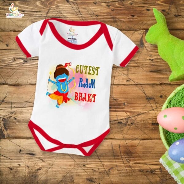 Baby First Ramnavmi Romper Onesies Clothes Baby Navratri festival Bodysuits Newborn Outfit Envelop Neck Half Sleeve Unisex Onesies" Cutest Ram Bhakt " - Image 5