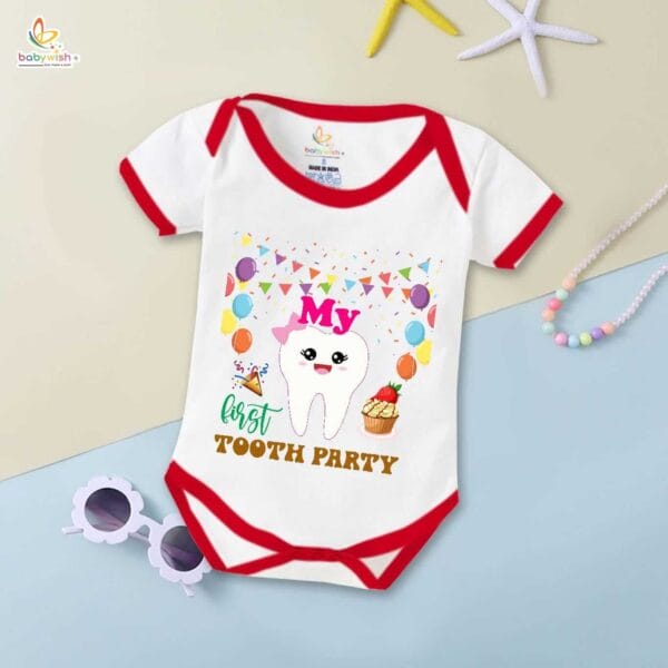 My First Tooth Romper with Ribbon Print | Baby Bodysuit for First Tooth Party & Milestone Photos – Babywish