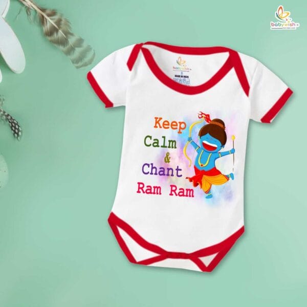 Baby First Ramnavmi Romper Onesies Clothes Baby Navratri festival Bodysuits Newborn Outfit Envelop Neck Half Sleeve Unisex Onesies" Keep Calm & Chant Ram Ram " - Image 5