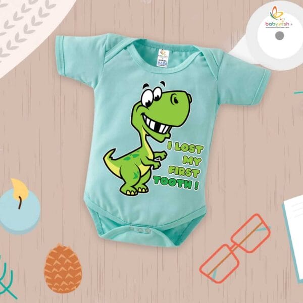 I Lost My First Tooth Baby Romper – Dinosaur Print Milestone Bodysuit for Boys & Girls | Soft Cotton First Tooth Outfit – Babywish - Image 2