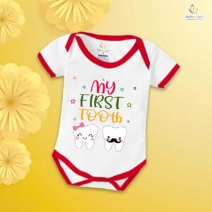 My First Tooth Baby Romper – Milestone Bodysuit with Boy & Girl Tooth Print | Soft Cotton Romper for Newborns & Infants – Babywish