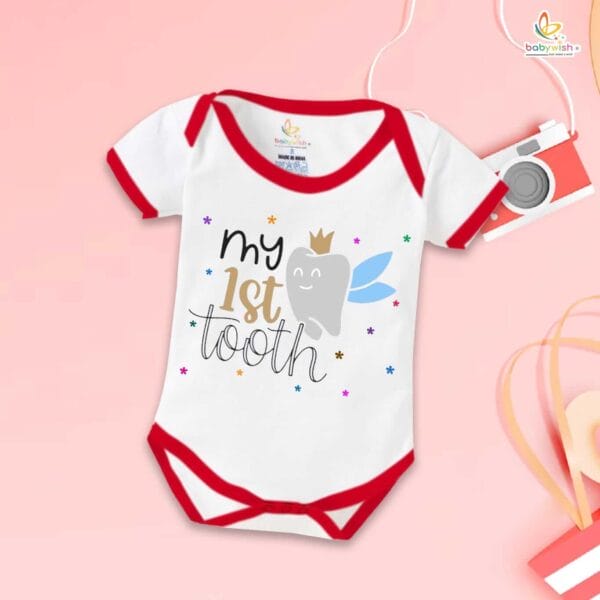 My 1st Tooth Baby Romper – “My First Tooth” Bodysuit with Star Print | Baby Milestone Outfit for Boys & Girls – Babywish