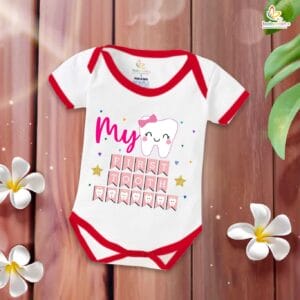 My First Tooth Romper for Baby – “My First Tooth” Milestone Bodysuit with Star Print | Soft Cotton Baby Outfit for Boys & Girls – Babywish