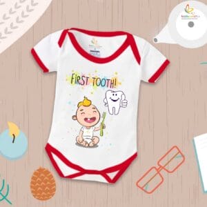 My First Tooth Romper with Baby Toothbrush Print – 1st Tooth Milestone Bodysuit for Newborn & Infant | Baby Romper Clothes – Babywish
