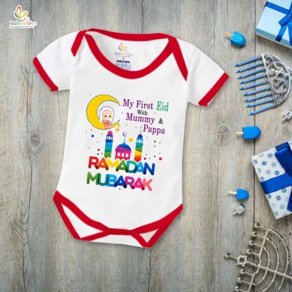 Baby First Eid Romper Clothes Baby Ramadan festival Bodysuits Newborn Outfit Envelop Neck Half Sleeve Unisex Onesies "My First Eid with Mummy & Papa" - Image 5