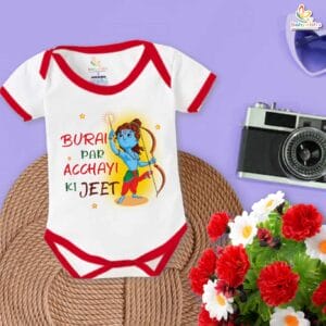 My First Ramnavmi Romper – Baby Bodysuit with “Burai Par Acchayi Ki Jeet” Quote | Spiritual Hindu Festival Outfit for Infants by Babywish