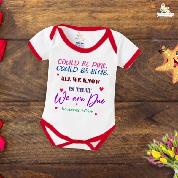 Pregnancy Announcement Baby Romper – Could Be Pink Could Be Blue All We Know Is That We’re Due Bodysuit – Gender Reveal Outfit for Baby Girl or Boy – Babywish - Image 5
