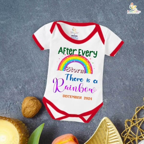 Rainbow Baby Announcement Romper – After Every Storm There Is a Rainbow Bodysuit for Pregnancy Reveal – Newborn Baby Girl or Boy Outfit – Babywish - Image 4