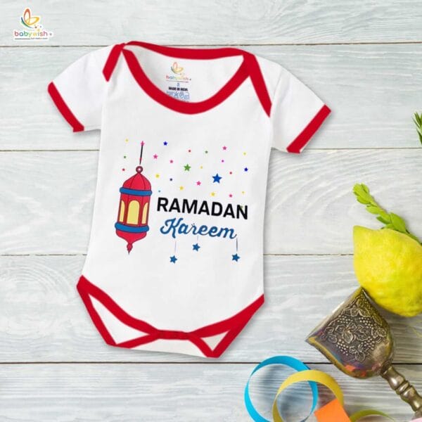 Baby First Eid Romper Clothes Baby Ramadan festival Bodysuits Newborn Outfit Envelop Neck Half Sleeve Unisex Onesies " Ramadan Kareem " - Image 5