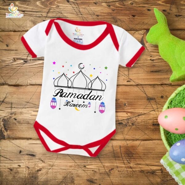 Baby First Eid Romper Clothes Baby Ramadan festival Bodysuits Newborn Outfit Envelop Neck Half Sleeve Unisex Onesies " Ramadan Kareem Star Printed " - Image 5
