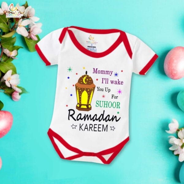Baby First Eid Romper Clothes Baby Ramadan festival Bodysuits Newborn Outfit Envelop Neck Half Sleeve Unisex Onesies " Mommy I'll Wake You up for Suhoor " - Image 5