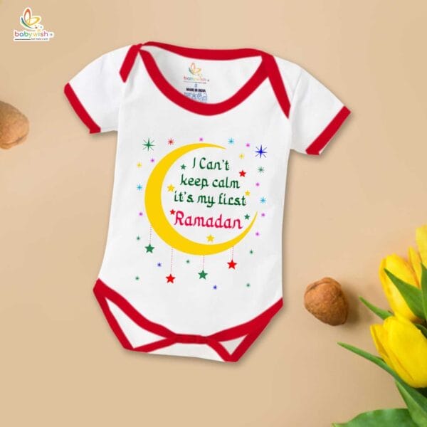 Baby First Eid Romper Clothes Baby Ramadan festival Bodysuits Newborn Outfit Envelop Neck Half Sleeve Unisex Onesies " I Can't Keep Calm It's Ramdan " - Image 5