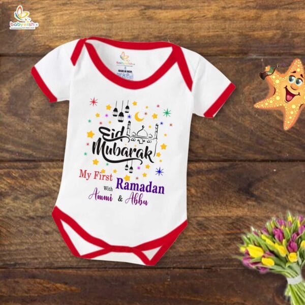 Baby First Eid Romper Clothes Baby Ramadan festival Bodysuits Newborn Outfit Envelop Neck Half Sleeve Unisex Onesies " Ramadan with Ammi Abbu " - Image 5
