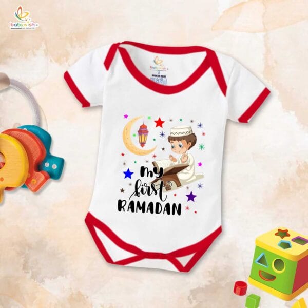 Baby First Eid Romper Clothes Baby Ramadan festival Bodysuits Newborn Outfit Envelop Neck Half Sleeve Unisex Onesies " My First Ramadan Coloring Romper " - Image 5