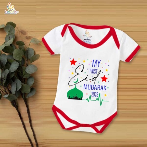 Baby First Eid Romper Clothes Baby Ramadan festival Bodysuits Newborn Outfit Envelop Neck Half Sleeve Unisex Onesies " My First Eid Mubarak 2023 " - Image 5