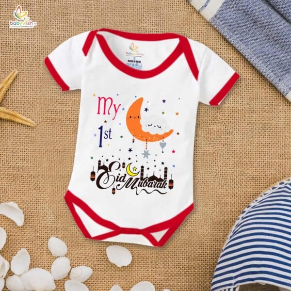 Baby First Eid Romper Clothes Baby Ramadan festival Bodysuits Newborn Outfit Envelop Neck Half Sleeve Unisex Onesies " My First Eid Celebrations " - Image 5