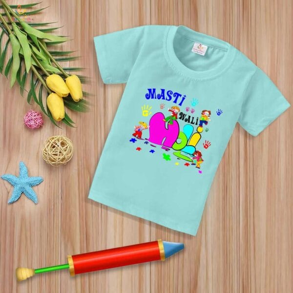 Holi T-shirt for Kids Unisex Holi Topwear Outfit Printed Half Sleeve Tshirt Dress for Boy n Girl "Masti Wali Holi" - Image 3
