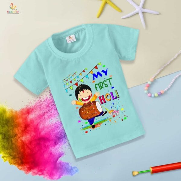 Holi T-shirt for Kids Unisex Holi Topwear Outfit Printed Half Sleeve Tshirt Dress for Boy n Girl "My First Holi with Music" - Image 3