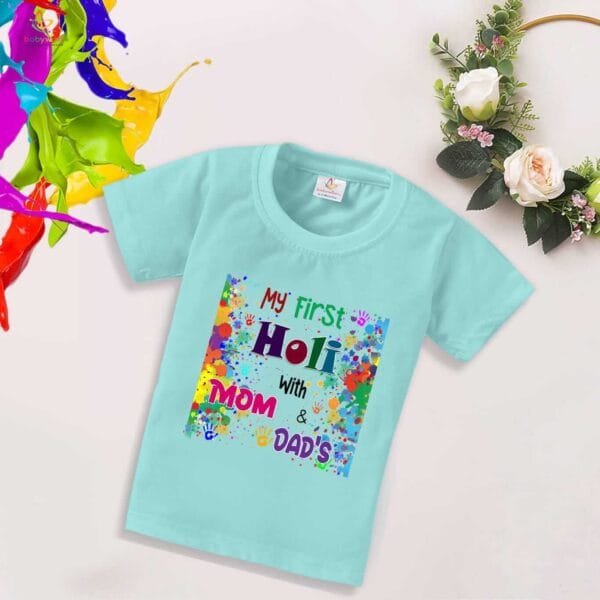 Holi T-shirt for Kids Unisex Holi Topwear Outfit Printed Half Sleeve Tshirt Dress for Boy n Girl "Holi With Mom & Dad" - Image 3