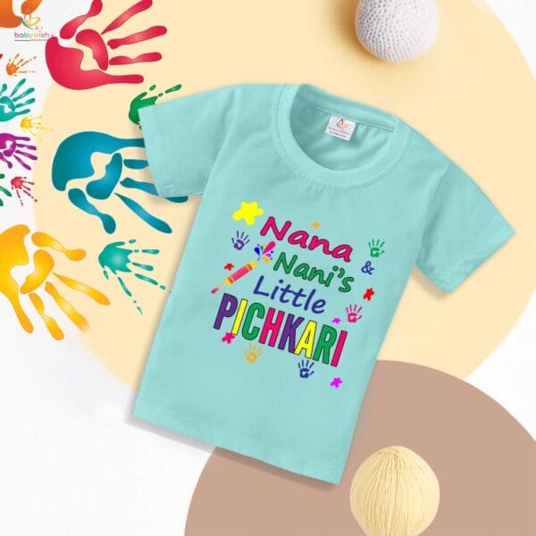 Holi T-shirt for Kids Unisex Holi Topwear Outfit Printed Half Sleeve Tshirt Dress for Boy n Girl "Nana's Nani Little Pichkari"