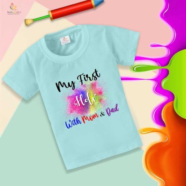 Holi T-shirt for Kids Unisex Holi Topwear Outfit Printed Half Sleeve Tshirt Dress for Boy n Girl "My First Holi With Mom & Dad" - Image 3