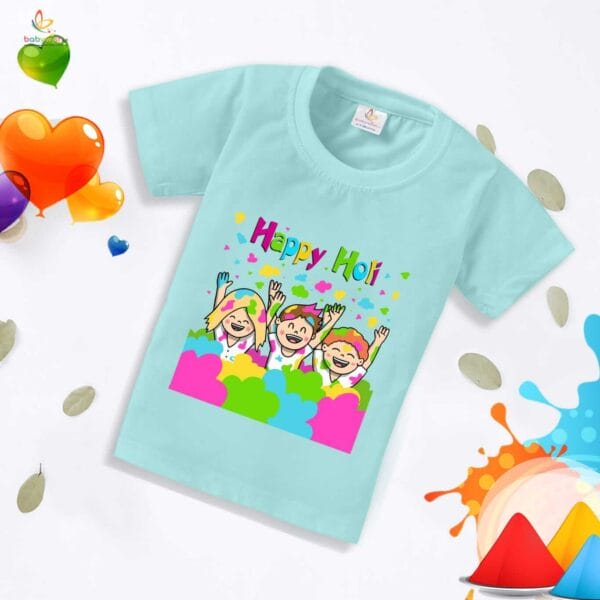 Holi T-shirt for Kids Unisex Holi Topwear Outfit Printed Half Sleeve Tshirt Dress for Boy n Girl "Happy Holi" - Image 2