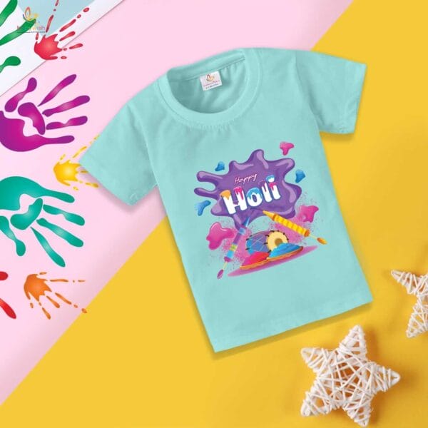 Holi T-shirt for Kids Unisex Holi Topwear Outfit Printed Half Sleeve Tshirt Dress for Boy n Girl "Flying Holi Color" - Image 3