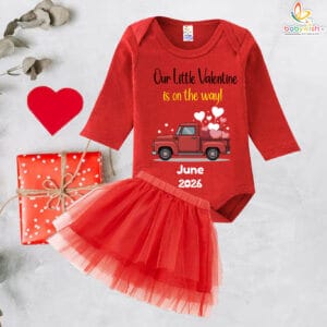 Our Little Valentine Is On The Way Baby Romper Set with Tutu Skirt – baby Announcement Outfit for Valentine’s Day, June 2026 Newborn Gift, Age 0-12 Months, Red/Black, Babywish