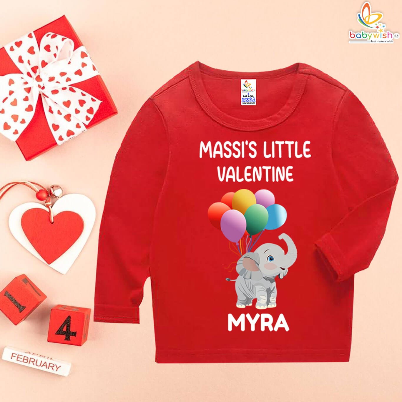 Custom Baby Valentine Outfit in Soft Cotton Full Sleeve | Massi’s Little Valentine Personalized Baby T-Shirt with Name | Age 6–12 Months or 1–6 Years | Color Red or Black | Babywish