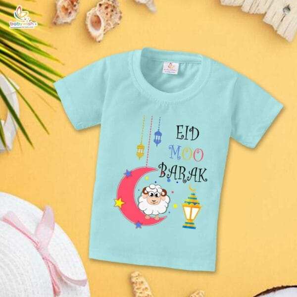 Eid T-shirt for Kids Unisex Ramadan Topwear Outfit Printed Half Sleeve Tshirt Dress for Boy n Girl "Eid Moo Barak" - Image 2