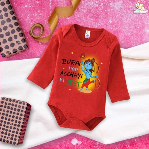 My First Ramnavmi Baby Romper – Full Sleeve Bodysuit “Burai Par Acchayi Ki Jeet” – Traditional Infant Outfit for Ram Navami Festival Celebration – Babywish - Image 2