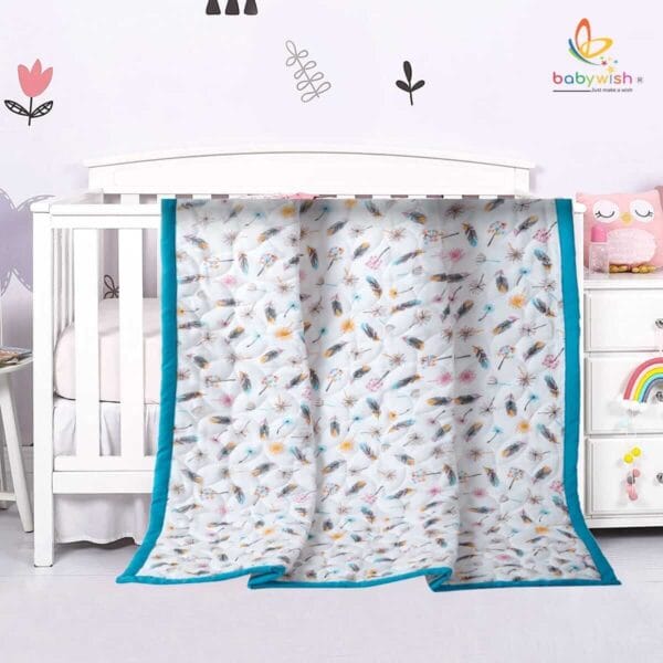 GOTS Certified Organic Muslin Baby Dohar Blanket for Newborn Soft Crib All Seasons Quilt for Microfiber Giftset - Blue Magic Feather - Image 3