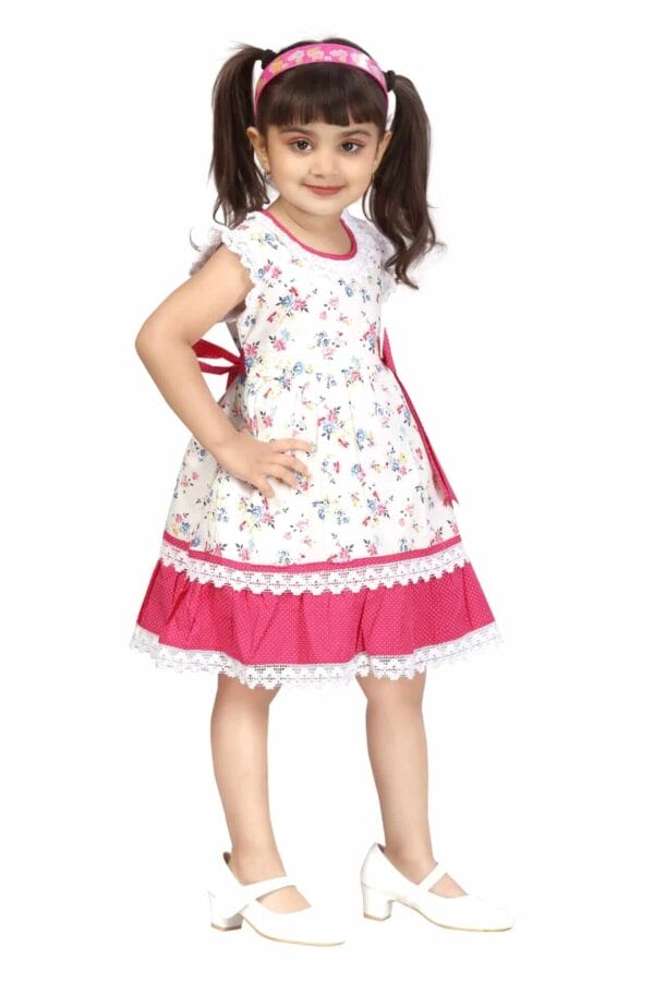 Girl Dress Knee Length Frock Floral Prints Girls Flutter Wings Halfsleeve Dress Girls Cotton Bottom Lace Frock Topwear - Lace Pattern - Image 3