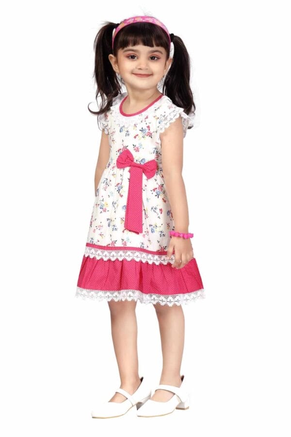 Girl Dress Knee Length Frock Floral Prints Girls Flutter Wings Halfsleeve Dress Girls Cotton Bottom Lace Frock Topwear - Lace Pattern - Image 4