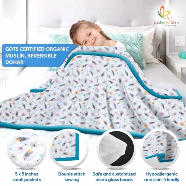 GOTS Certified Organic Muslin Baby Dohar Blanket for Newborn Soft Crib All Seasons Quilt for Microfiber Giftset - Blue Magic Feather - Image 5
